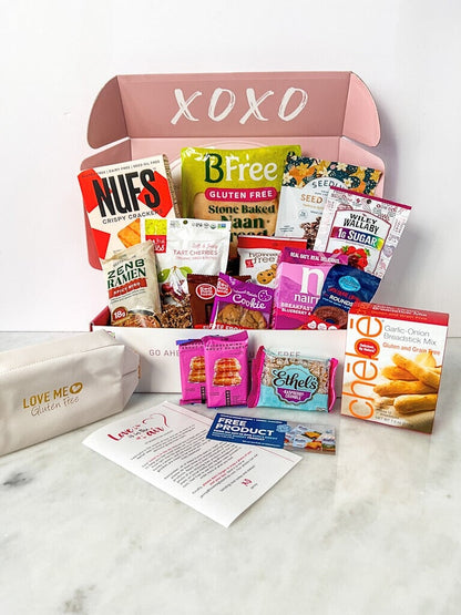 Dairy-free and gluten-free monthly subscription box from Love Me Gluten Free with assorted snacks and treats for February 2025.