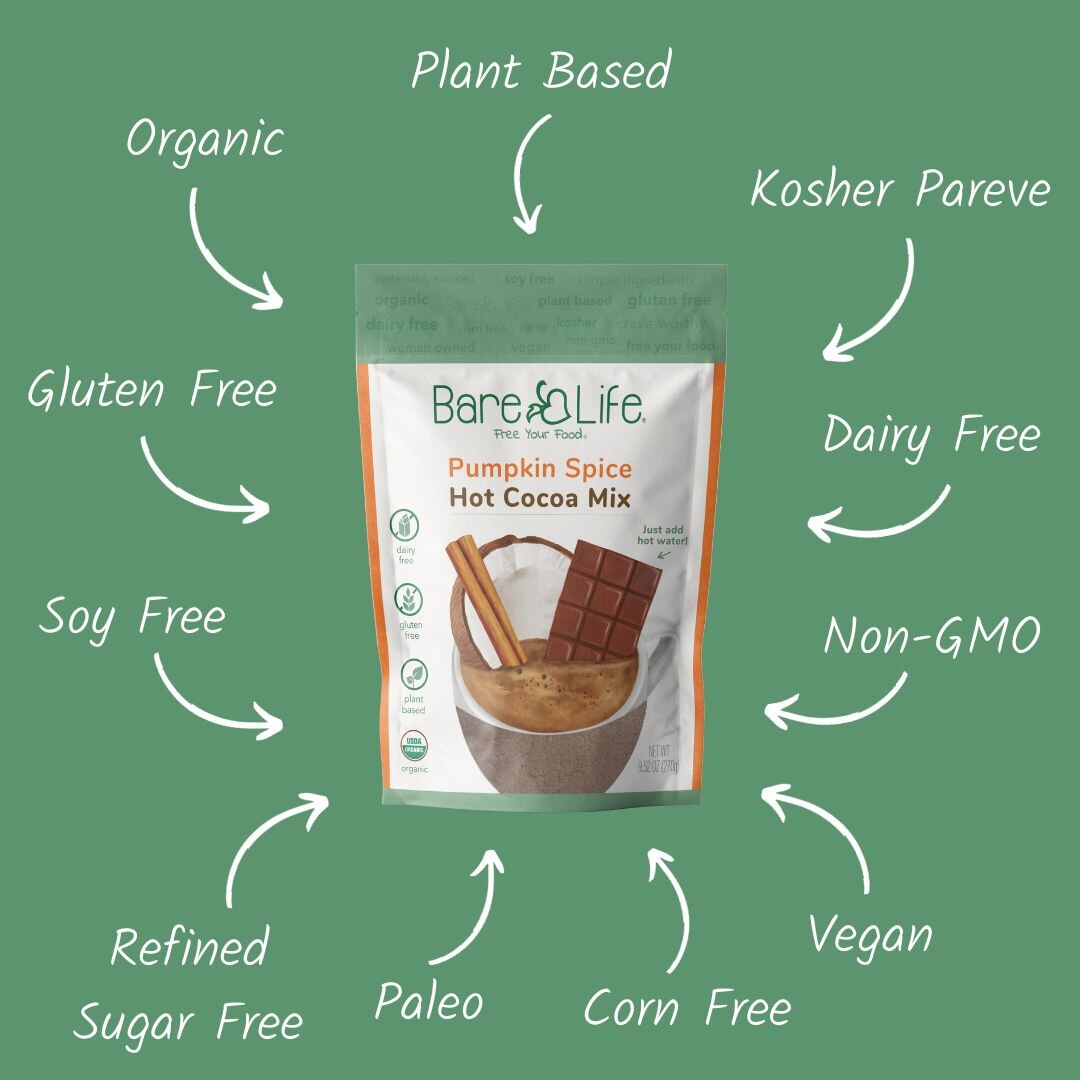 Bare Life dairy-free pumpkin spice hot cocoa mix, 10-serving stand-up pouch, gluten-free vegan organic blend