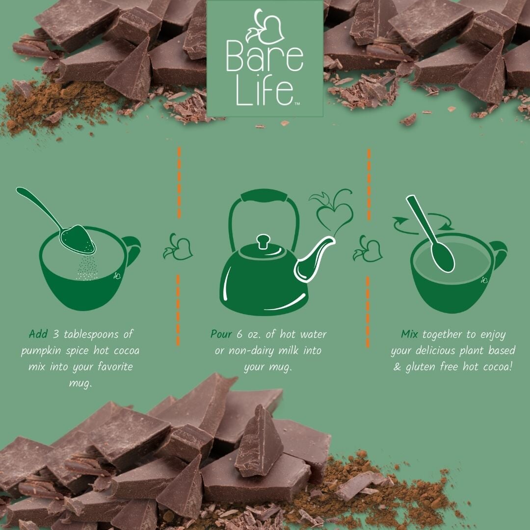 Bare Life dairy-free pumpkin spice hot cocoa mix, 10-serving stand-up pouch, gluten-free and vegan package
