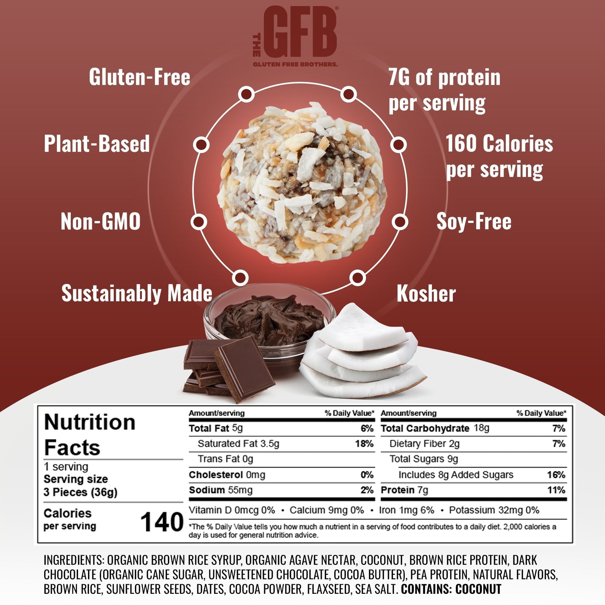 The GFB Dark Chocolate Coconut Bites package showing 10 GFB Bites with dark chocolate and coconut coating inside.