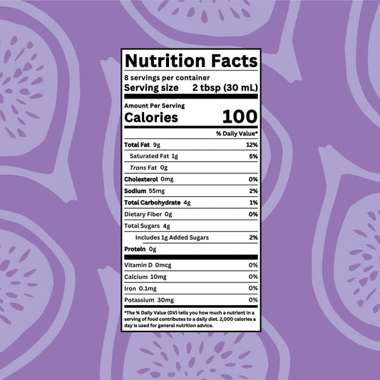 Drench Balsamic Fig Vinaigrette nutrition facts label showing ingredients and nutritional information.