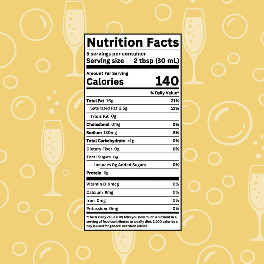 Nutrition facts label for Drench Champagne Vinaigrette bottle showing ingredients and nutritional information.