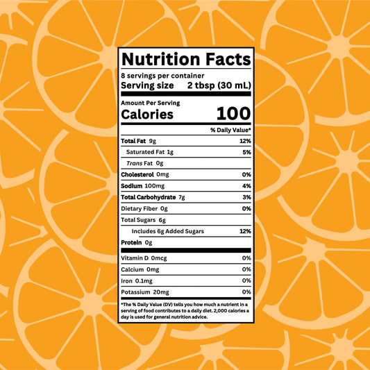 Drench Citrus Honey Vinaigrette bottle with nutrition facts label showing ingredients and nutritional information.