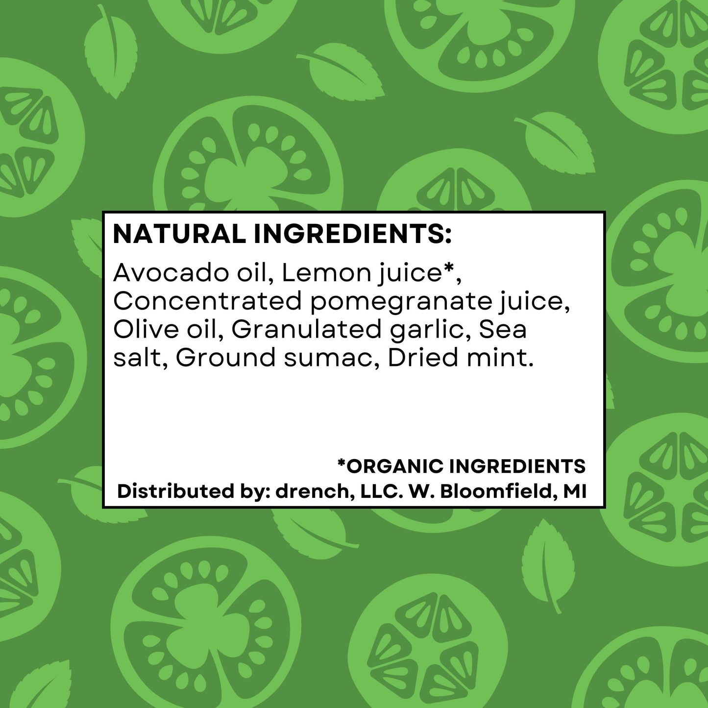 Image of Drench Mediterranean Fattoush ingredient list showing herbs, vegetables, and spices used in this flavorful salad mix.