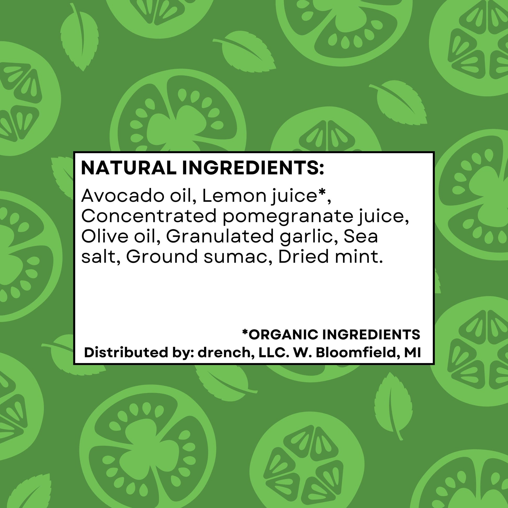 Image of Drench Mediterranean Fattoush ingredient list showing herbs, vegetables, and spices used in this flavorful salad mix.