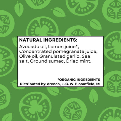 Image of Drench Mediterranean Fattoush ingredient list showing herbs, vegetables, and spices used in this flavorful salad mix.