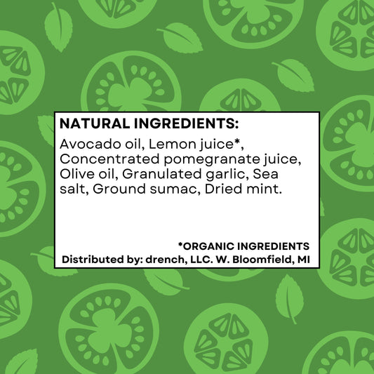 Drench Mediterranean Fattoush ingredient list showing fresh vegetables, herbs, and spices used in this flavorful salad mix.