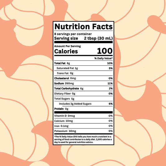 Nutrition facts label for drench Sesame Ginger Vinaigrette showing ingredients and nutritional information.