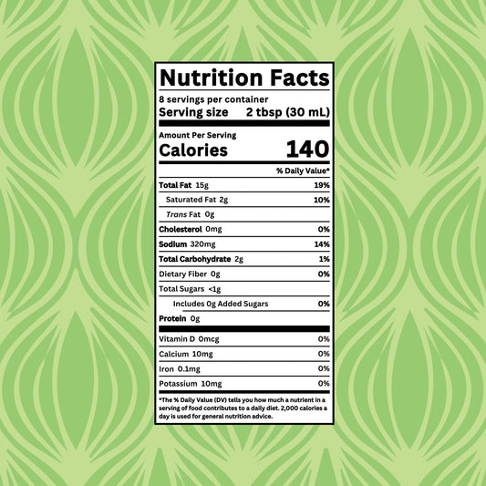 Nutrition facts label for Drench Vegan Caesar dressing, showing ingredients and nutritional information on the product packaging.