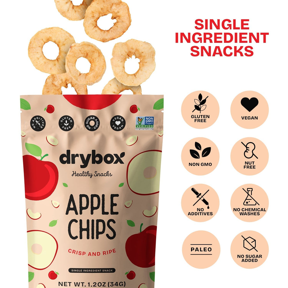 Drybox Apple Chips 3-pack, crunchy dried apple slices in clear packaging, showcasing the healthy snack product.
