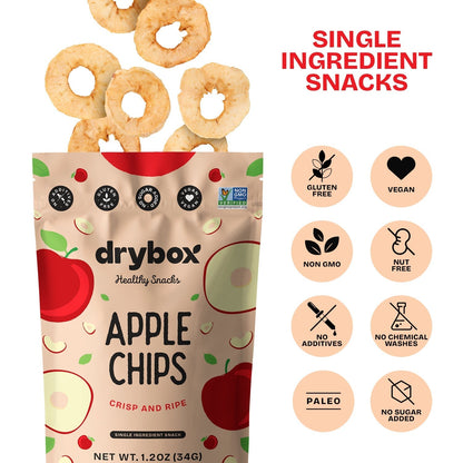 Drybox Apple Chips 3-pack, crunchy dried apple slices in clear packaging, showcasing the healthy snack product.