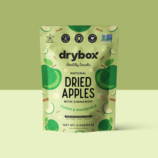 Drybox dried apples snack pack showing vibrant, dried apple slices in a 3-pack dried fruit product.