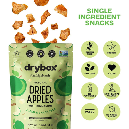 Drybox dried apples snack pack showing three packs of dried apple slices in a natural, appetizing presentation.