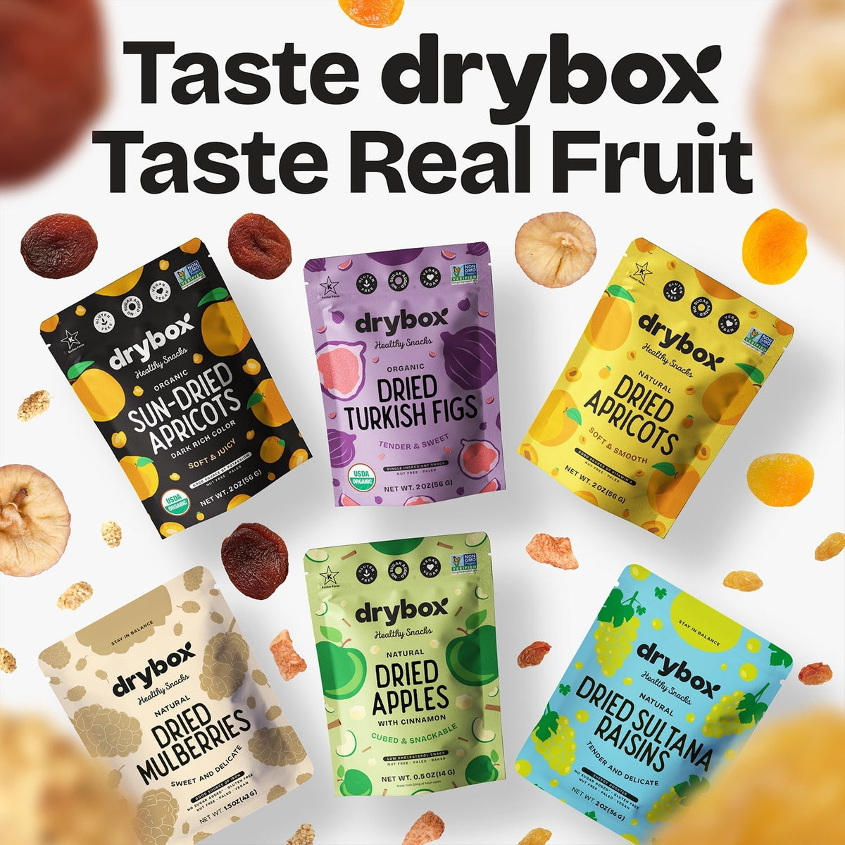 Drybox dried Turkish figs in a snack pack, showcasing plump, juicy dried fruit with a natural, textured appearance.