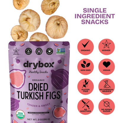 Drybox dried Turkish figs in a 3-pack, showing plump, dried fruit pieces perfect for snacking or baking.
