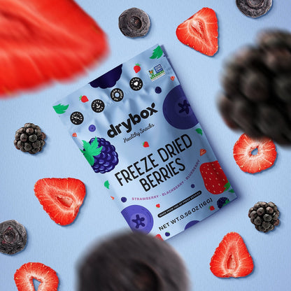 Resealable pack of Drybox freeze dried berries, 12-pack, showing vibrant dried berries inside the transparent packaging.
