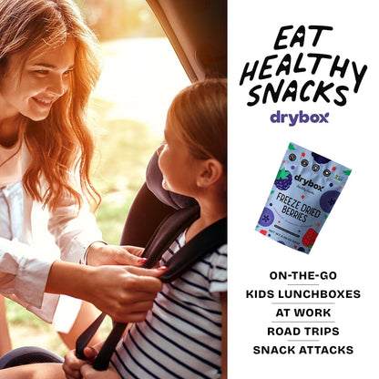 Assorted freeze dried berries in resealable bag from Drybox, 12-pack of crispy, colorful dried fruit snacks.