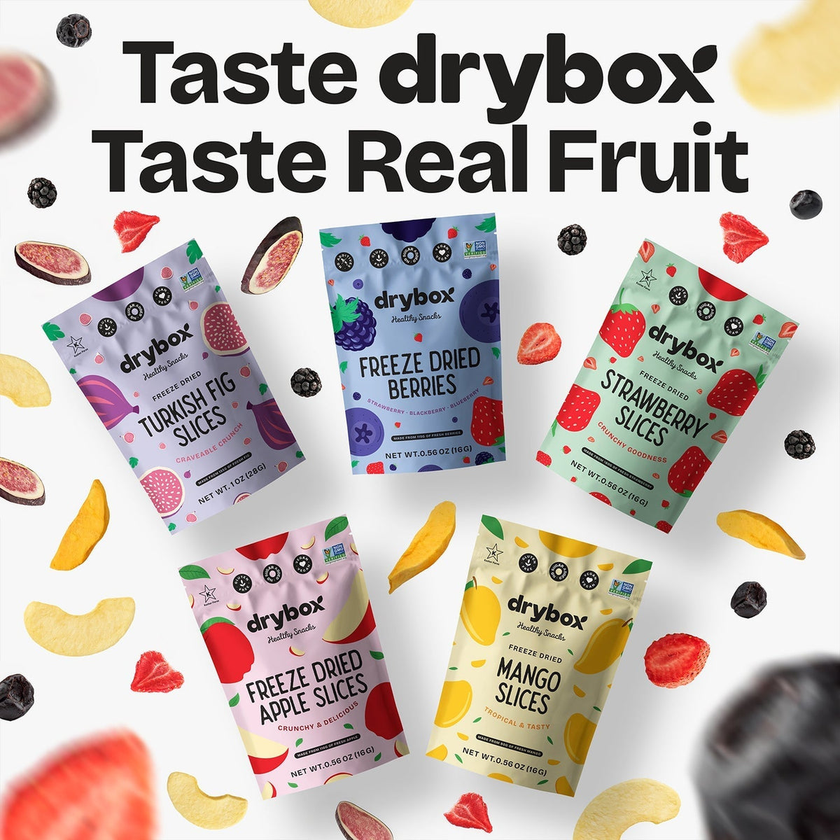 Resealable bag of Drybox freeze-dried strawberry slices, 12-pack of crunchy, natural fruit snacks in a clear package.