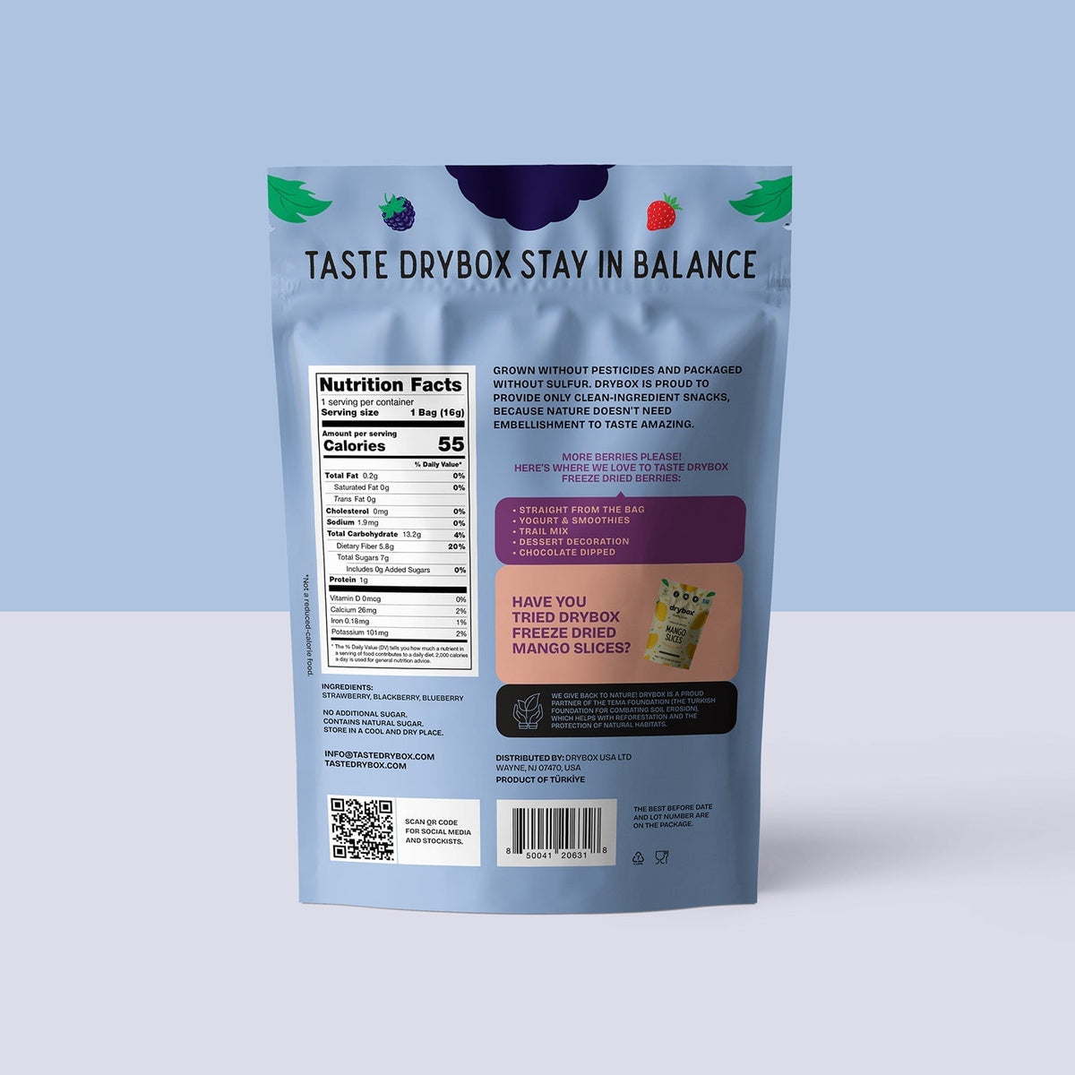 Resealable package of drybox freeze dried berries in a 12-pack, showing vibrant dried fruit pieces in clear packaging.