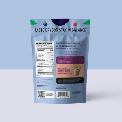 Resealable package of drybox freeze dried berries in a 12-pack, showing vibrant dried fruit pieces in clear packaging.