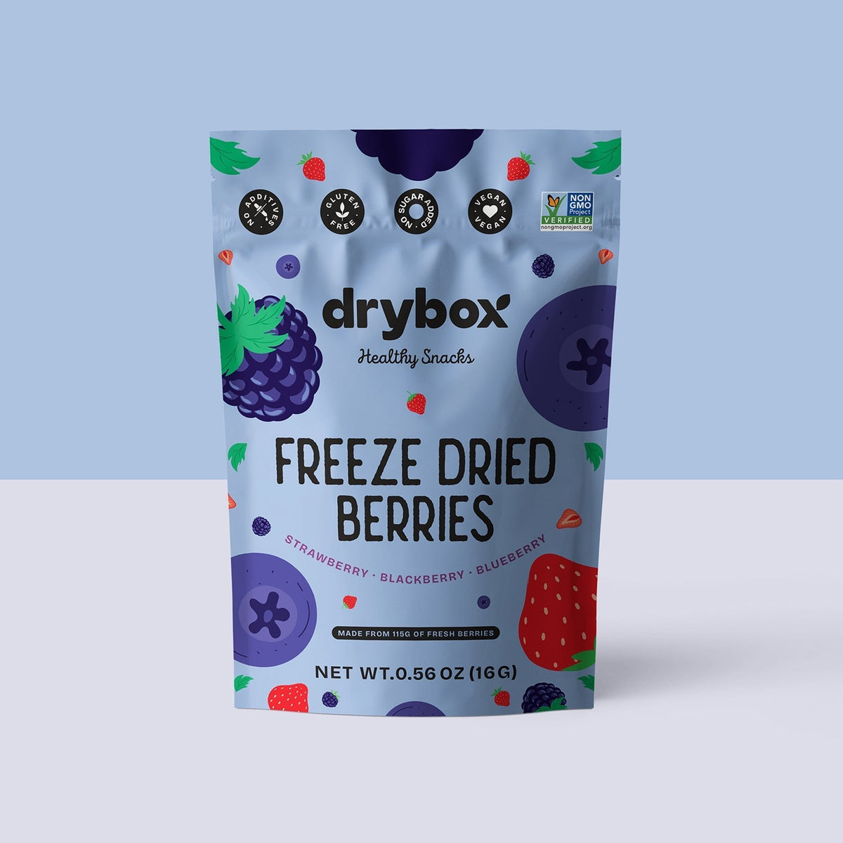 Resealable bag of drybox freeze-dried berries, showing colorful dried fruit pieces in the package for snacking or baking.