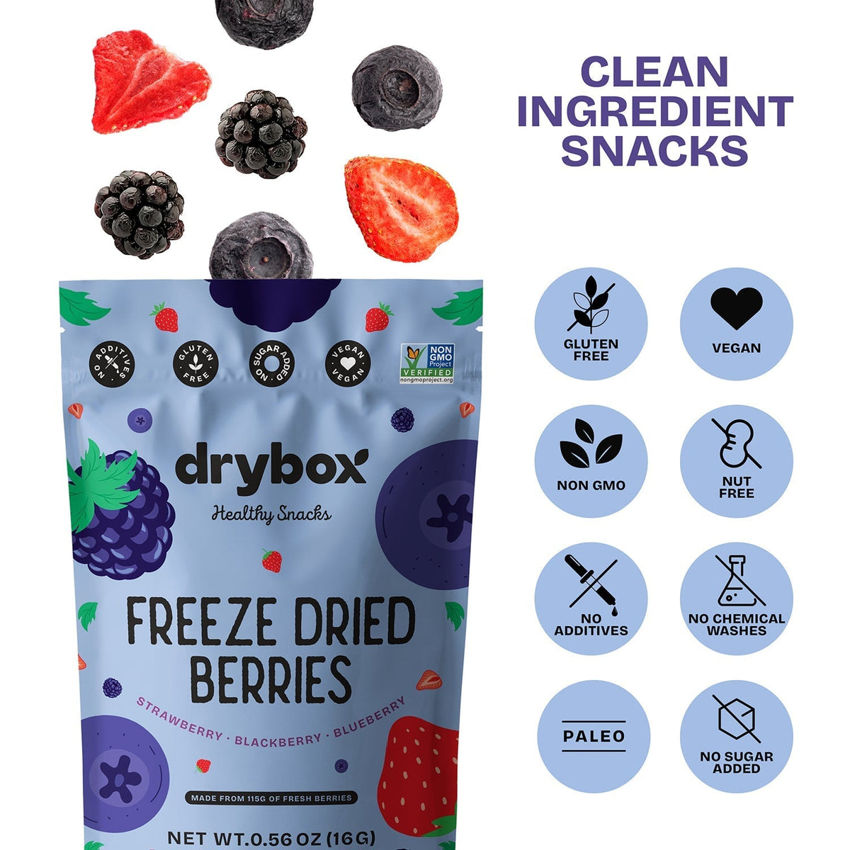 Assorted freeze dried berries in resealable packaging from Drybox, showing vibrant dried fruit pieces in the 12-pack.