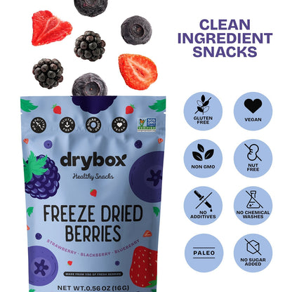 Assorted freeze dried berries in resealable packaging from Drybox, showing vibrant dried fruit pieces in the 12-pack.