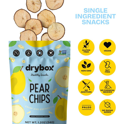 Three-pack of drybox Pear Chips, dried fruit snack in clear packaging, showcasing crunchy pear slices in a resealable bag.