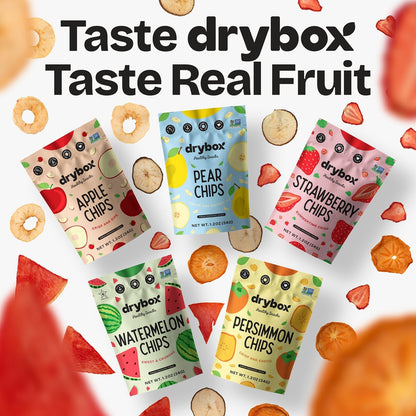 Drybox persimmon chips in a resealable 3-pack, showing dried persimmon slices in clear packaging.