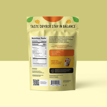 Drybox persimmon chips in a resealable 3-pack, crispy orange fruit chips on a white background.