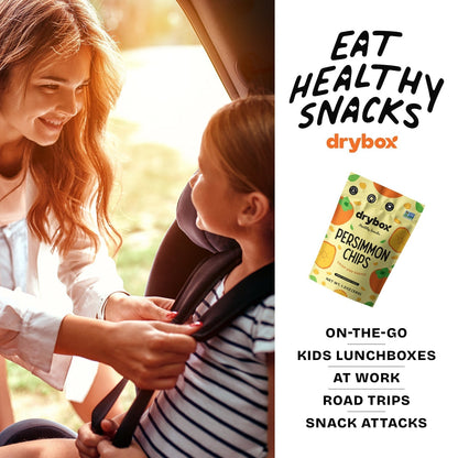 Drybox persimmon chips in a resealable 3-pack, featuring dried, sliced persimmons in colorful packaging.
