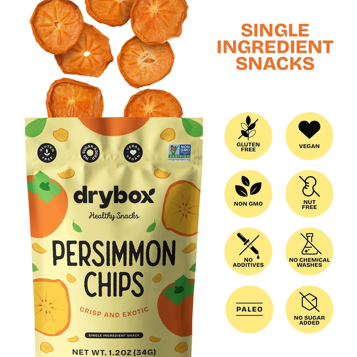 Drybox persimmon chips in a resealable 3-pack, showing crispy dried persimmon slices in vibrant orange packaging.