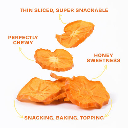Drybox persimmon chips in a resealable 3-pack, crispy and sweet dried persimmon snack, perfect for healthy snacking.