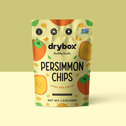 Drybox persimmon chips in a resealable pack, showcasing vibrant orange dried persimmon slices in a 3-pack.