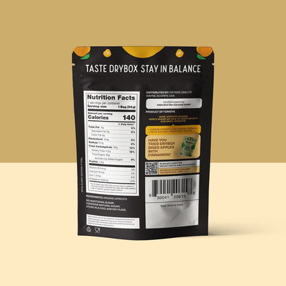 Drybox sun-dried apricots snack pack showing vibrant orange dried apricots in a clear packaging.