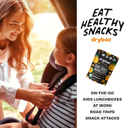 Drybox sun-dried apricots dried fruit snack pack, close-up of vibrant orange apricots in a 3-pack.