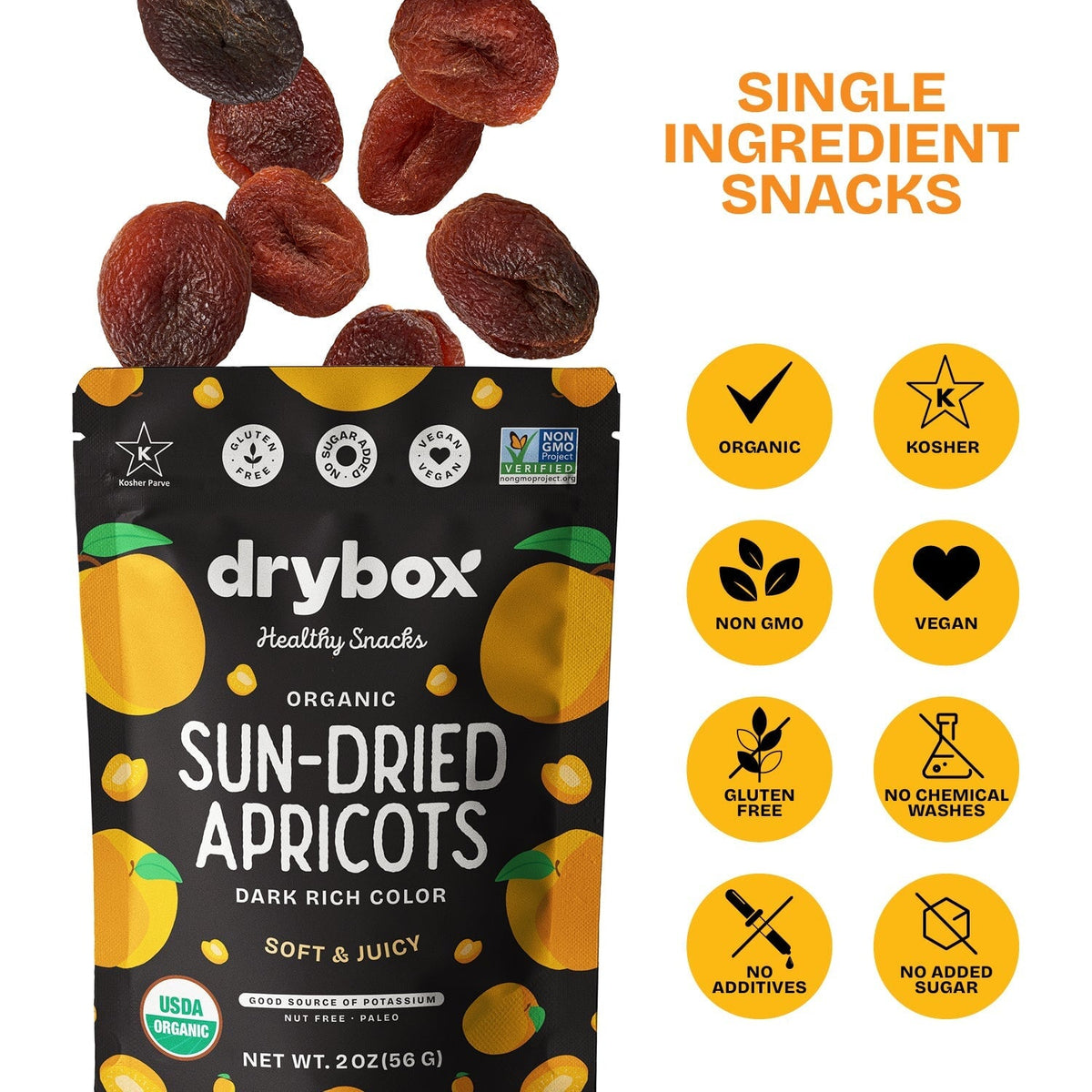 Drybox sun-dried apricots snack pack showing vibrant orange dried apricots in a resealable bag.