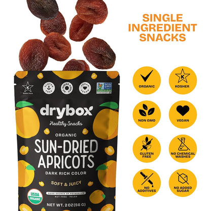 Drybox sun-dried apricots snack pack showing vibrant orange dried apricots in a resealable bag.