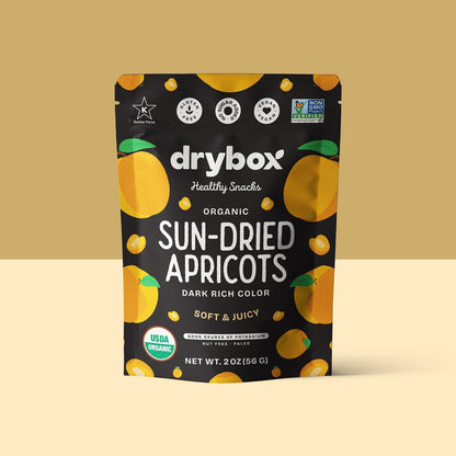 Drybox sun-dried apricots in a snack pack, showcasing vibrant orange dried fruit ready to eat