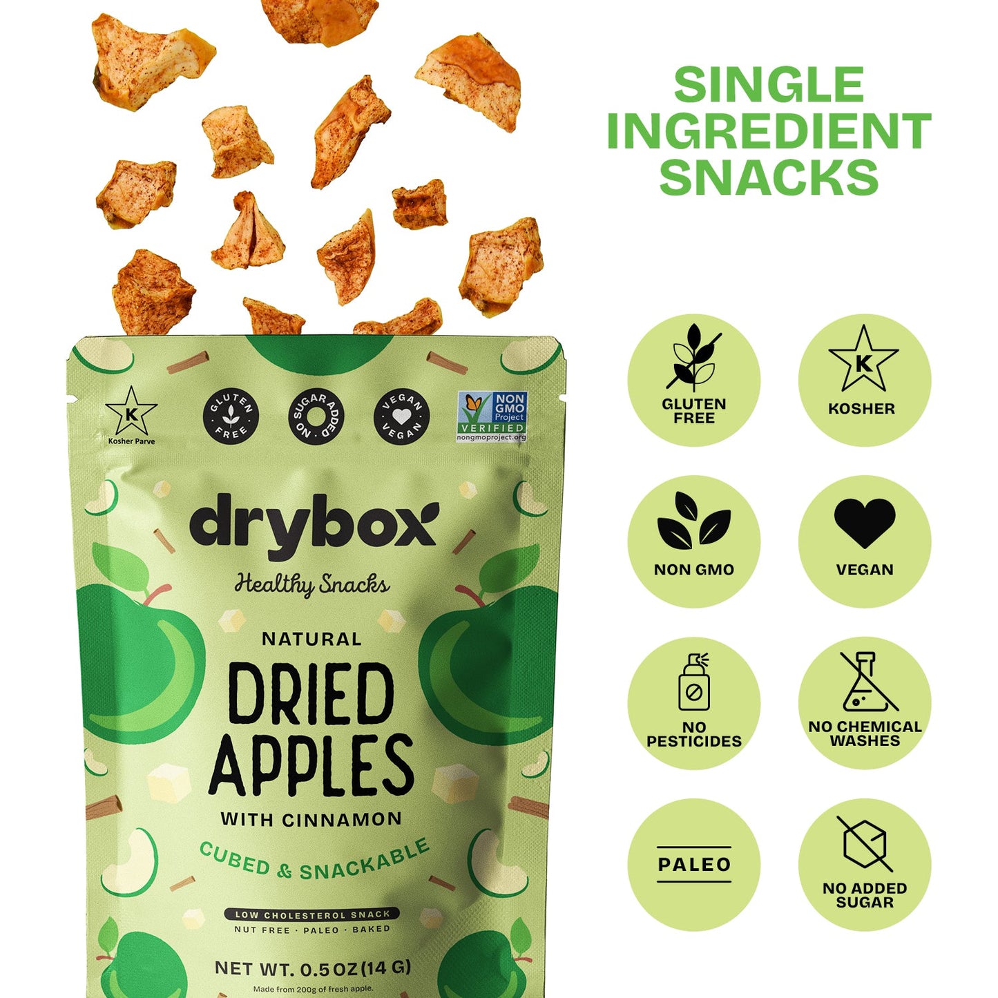Drybox dried apples snack pack showing three packs of dried apple slices in a natural, appetizing presentation.