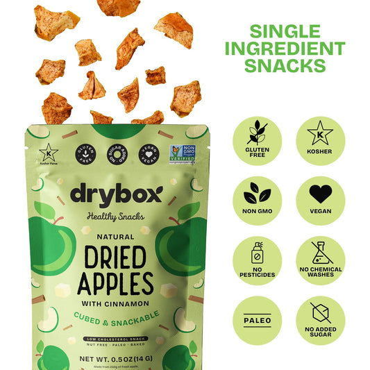 Drybox dried apples snack pack showing three packs of dried apple slices in a natural, appetizing presentation.