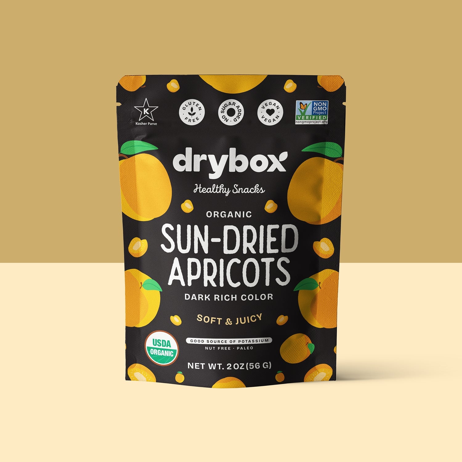 Drybox sun-dried apricots in a snack pack, showcasing vibrant orange dried fruit ready to eat