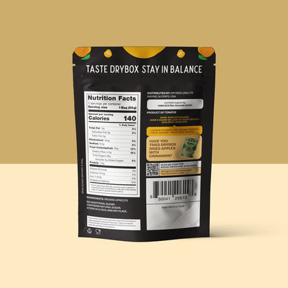 Drybox sun-dried apricots snack pack showing vibrant orange dried apricots in a clear packaging.