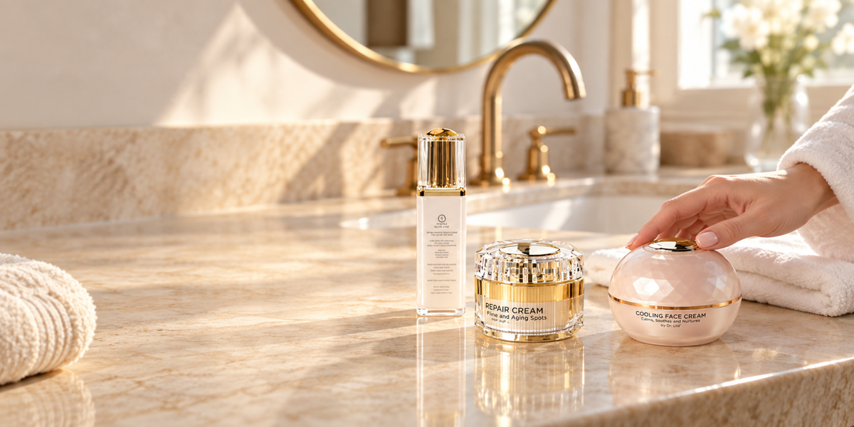 Three skincare products from The Body Shop are arranged on a polished marble bathroom counter. A hand in a white robe is reaching toward the pink 'Renewed Face Cream' jar on the right.
