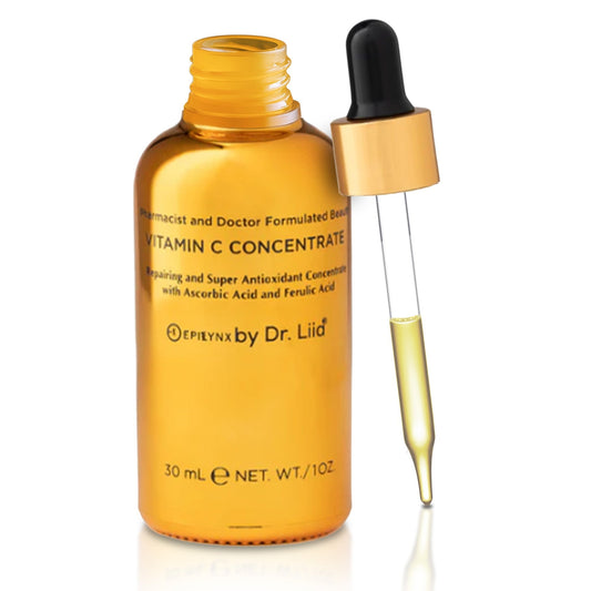 EpiLynx Brightening Vitamin C Glow Serum for sensitive, dry skin, featuring a clear dropper bottle and fresh citrus slices.
