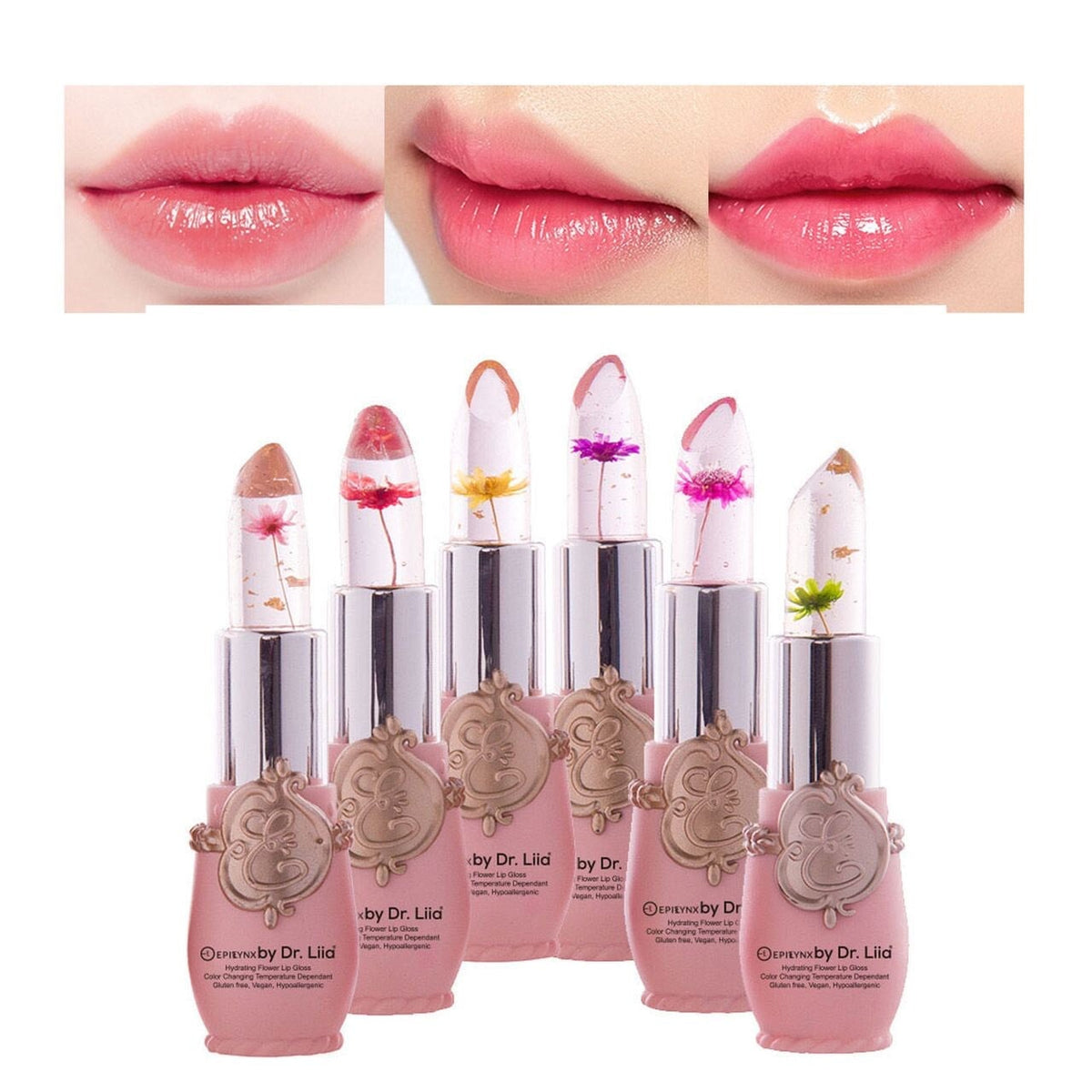EpiLynx Color-Changing Flower Lip Gloss in a clear tube, showcasing vibrant, hydrating vegan and gluten-free lip balm with a floral design.