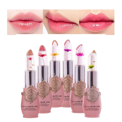 EpiLynx Color-Changing Flower Lip Gloss in a clear tube, showcasing vibrant, hydrating vegan and gluten-free lip balm with a floral design.