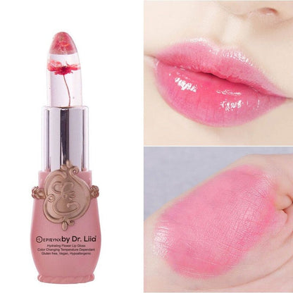 EpiLynx Color-Changing Flower Lip Gloss in a floral container, vegan, gluten-free, hydrating lip balm with a vibrant color-changing effect.