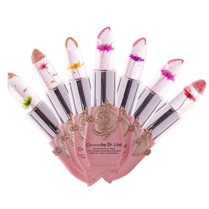 EpiLynx Color-Changing Flower Lip Gloss featuring a vibrant floral design, vegan and gluten-free hydrating lip balm.