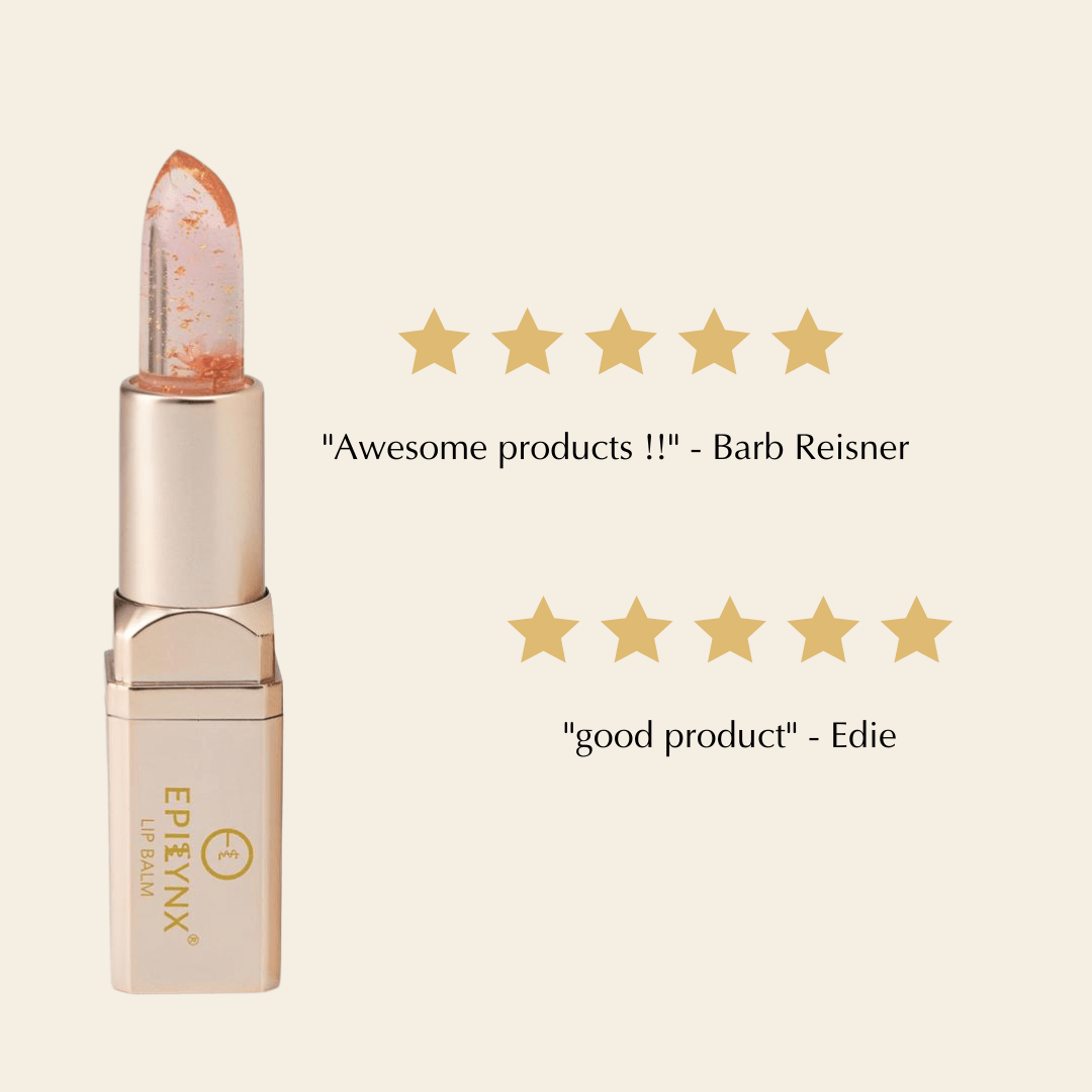 EpiLynx Color-Changing Flower Lip Gloss in a floral design, vegan, gluten-free, hydrating lip balm on a white background.